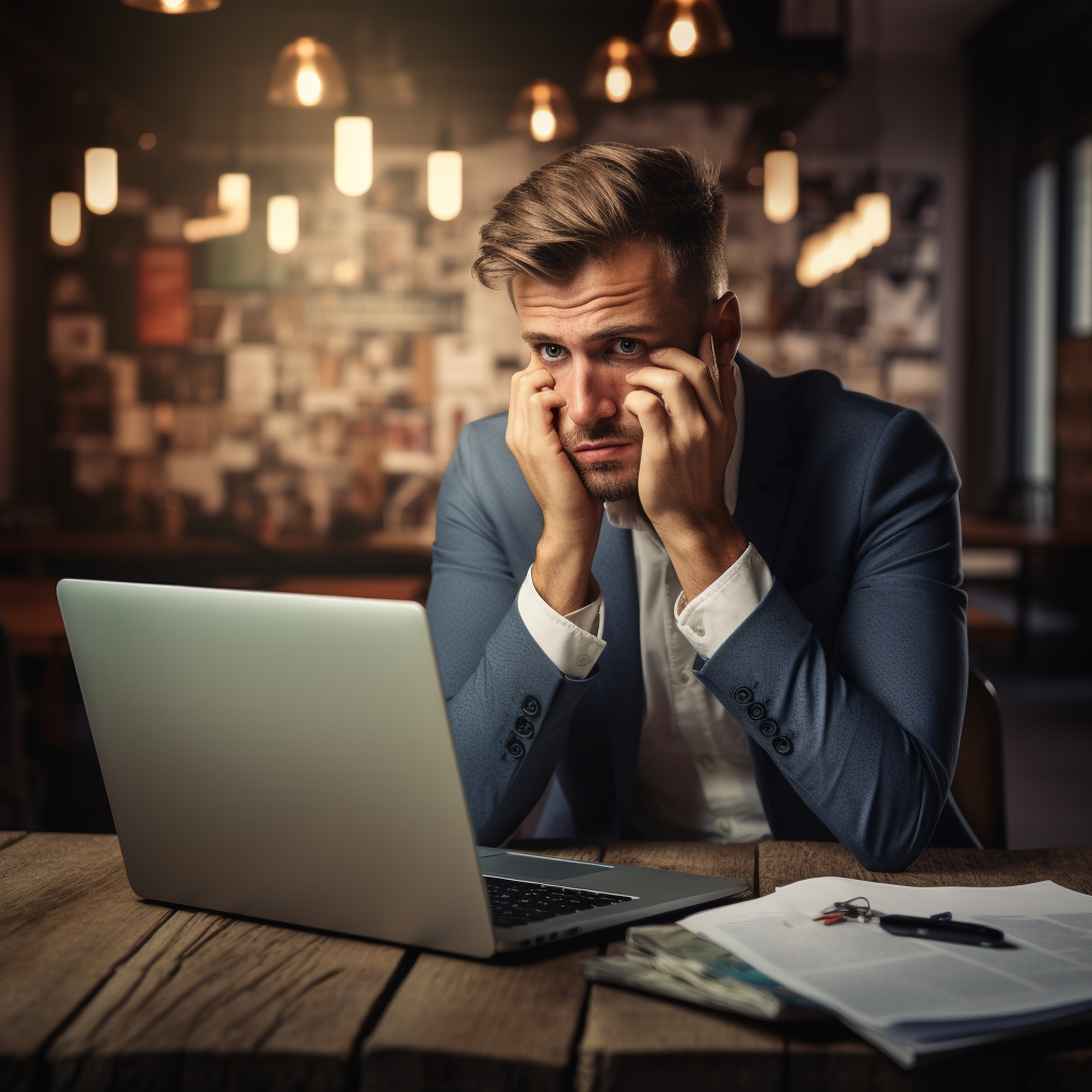 man looking stressed out while working on computer because of failing business